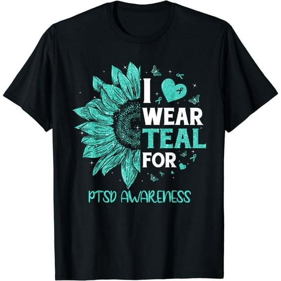 Sunflower I Wear Teal Ribbon For PTSD Awareness T-Shirt