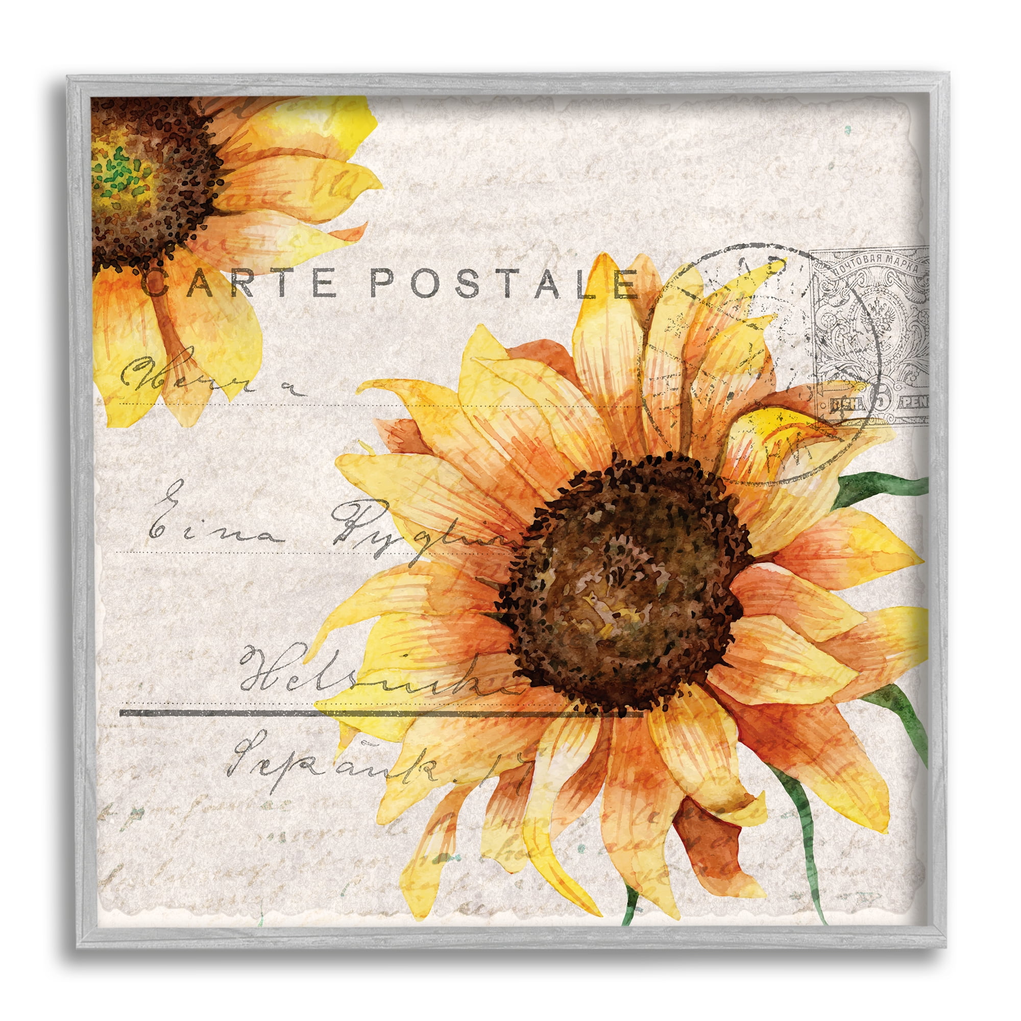 Sunflower Illustration over Vintage Mail Post Botanical & Floral Framed Art Print Wall Art, 17x17