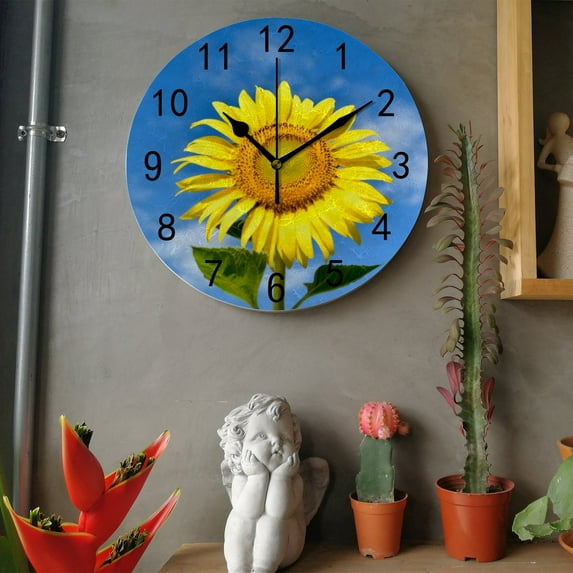 Sunflower In The Blue Sky Wall Clock, 10 Inch Silent Non Ticking Wall Clocks Battery Operated, Simple Rustic Country Kitchen Clock for Home Decor Art, Easy to Read