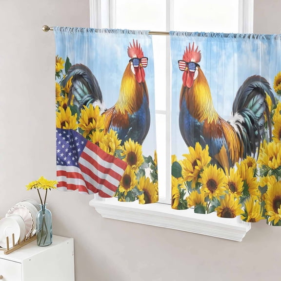 Sunflower Independence Day Sheer Curtains 45 Inch Length 2 Panels Set, 4th of July Rooster Flag Voile Window Treatment Rod Pocket Small Kitchen Curtains Drapes for Bedroom 52"x45"x2