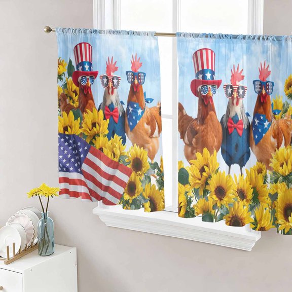 Sunflower Independence Day Sheer Curtains 45 Inch Length 2 Panels Set, 4th of July Rooster Watercolor Voile Window Treatment Rod Pocket Small Kitchen Curtains Drapes for Bedroom 52"x45"x2
