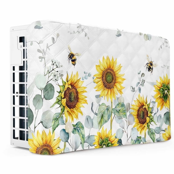 Sunflower Indoor Air Conditioner Cover,Double Insulated AC Covers for Inside,Sage Green Summer Botanical Eucalyptus Farmhouse Bee Waterproof Window Air Conditioner Covers with Straps 17"Lx13"Wx3.5"D