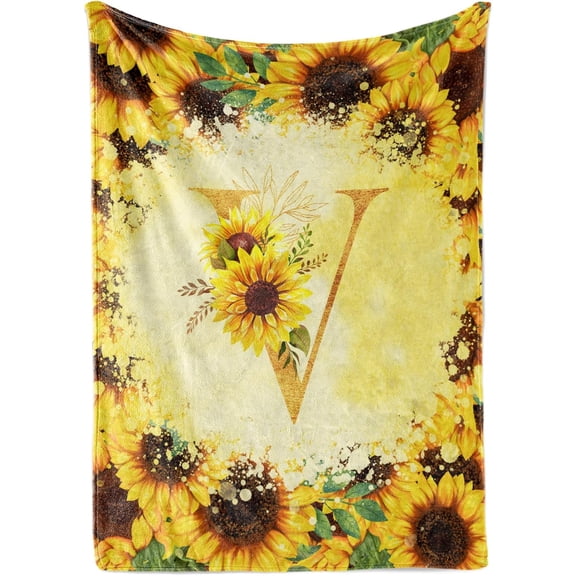Sunflower Initial Birthday Gifts for Women, Gift Ideas for Her, for Mom, Grandma, Aunt- 300gsm Flannel Blanket- 50"x 65"-C