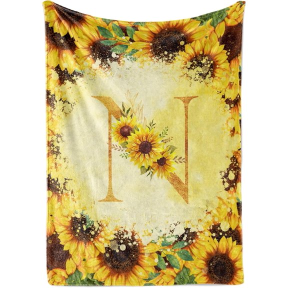 Sunflower Initial Birthday Gifts for Women, Gift Ideas for Her, for Mom, Grandma, Aunt- 300gsm Flannel Blanket- 50"x 65"-C