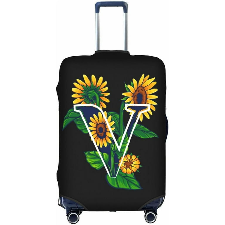 Sunflower Initial Name V Black Luggage Cover Elastic Washable