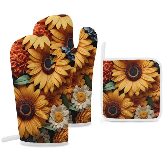 Sunflower Insulated Gloves And Pot Mats (four Piece Set)