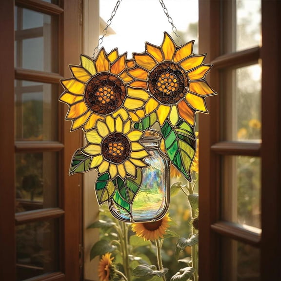 Sunflower Jar Acrylic Suncatcher fullxfull Yellow Floral Bouquet in Mason Jar, Cheerful Window Hanging for Kitchen or Summer Farmhouse Decor