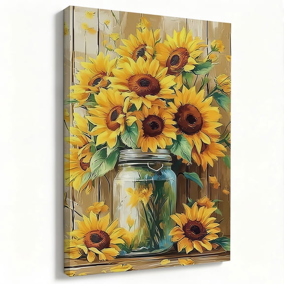 Sunflower Jar Framed Canvas Wall Art Rustic Farmhouse Floral Wall Decor Ready To Hang