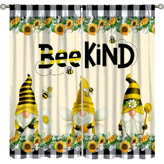 Sunflower Kids Curtains,Cute Cartoon Gnome Bee Summer Sunflower Garden Pattern for Boys Girls Bedrooms Living Room Windows Drapes 42x54 Inch