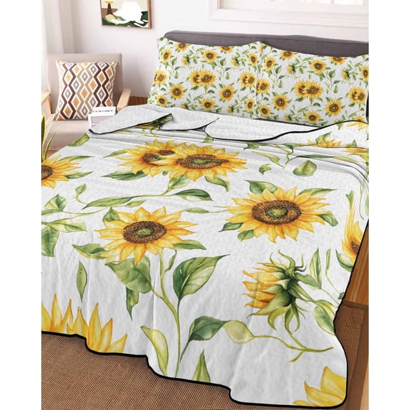 Sunflower King Size Down Alternative Comforter, Lightweight Comforter Quilt Bedding Set with Pillow Shams Farmhouse Flowers Summer Botanical All Seasons Bed Comforter Duvet Insert 96"x106"