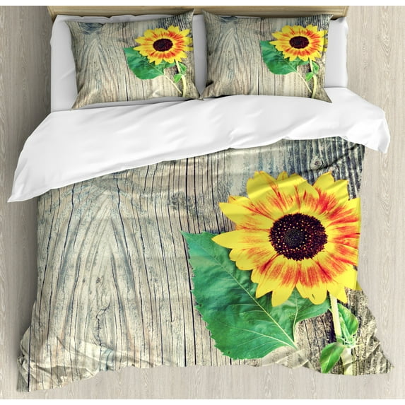 Sunflower King Size Duvet Cover Set, Sunflower on Wooden Old Board Bouquet Floral Mother Earth Artsy Photo, Decorative 3 Piece Bedding Set with 2 Pillow Shams, Brown Green Yellow, by Ambesonne