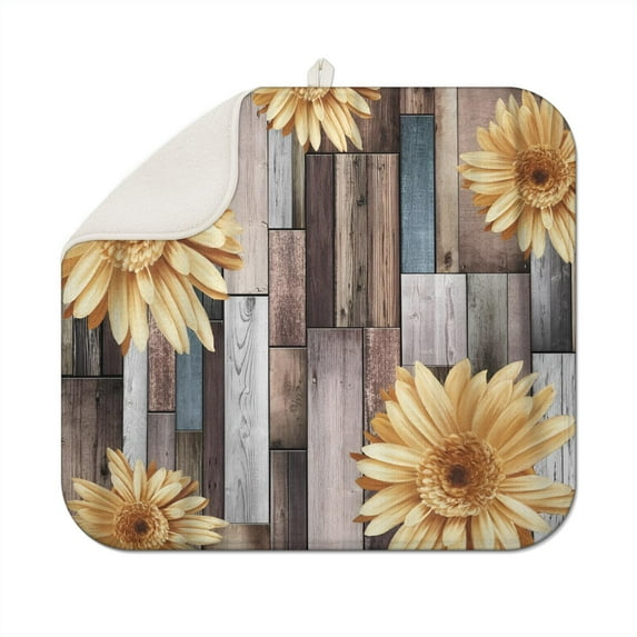Sunflower Kitchen Counter Dish Drying Mat Microfiber Absorbent Rack Pad Foldable Floral Drainer Mat 16x18 Inch