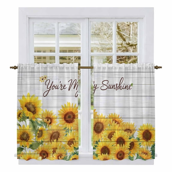 Sunflower Kitchen Curtain for Berdoom Living Room Cafe 45 Inch Length, Yellow Summer Botanical Farmhouse Floral Wooden Tiers Curtains Light Filtering Drapes Window Treatment 2 Panels 52"Wx45"L
