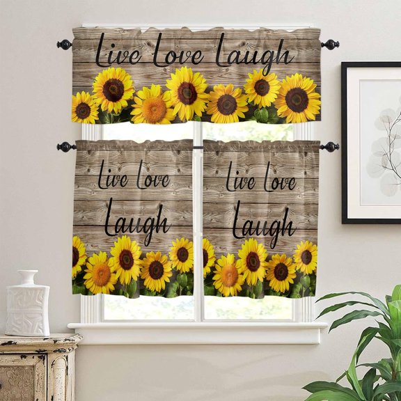 Sunflower Kitchen Curtain Valance and Tiers Set Farmhouse Flower Rod Pocket Kitchen Tier & Valance Set 3 Piece Floral Rustic Wooden Live Love Laugh Window Curtain Valance Tier Set 54 in x 36 in