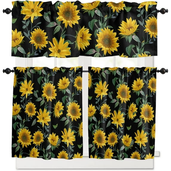 Sunflower Kitchen Curtain Valance and Tiers Set Yellow Flower Rod Pocket Kitchen Tier & Valance Set 3 Piece Farmhouse Floral Black Background Window Curtain Valance Tier Set 54 in x 24 in
