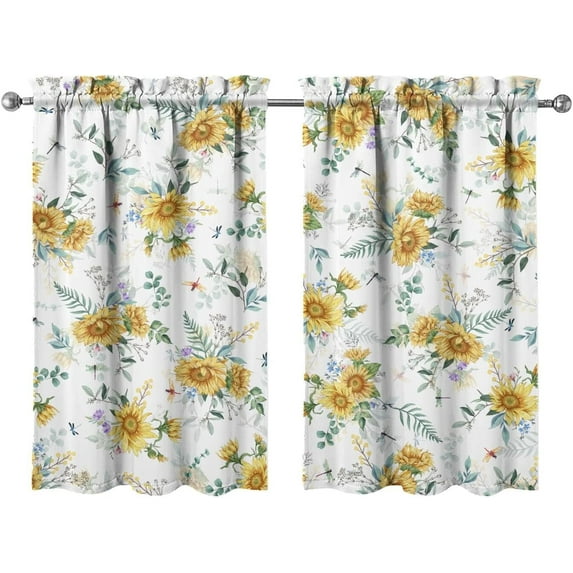 Sunflower Kitchen Curtains 24 Inch Length Floral Window Curtain Over Sink Spring Summer Small Short Tier for Bathroom Cafe Rod Pocket (2 Panels, 27.5" W x 24" L)