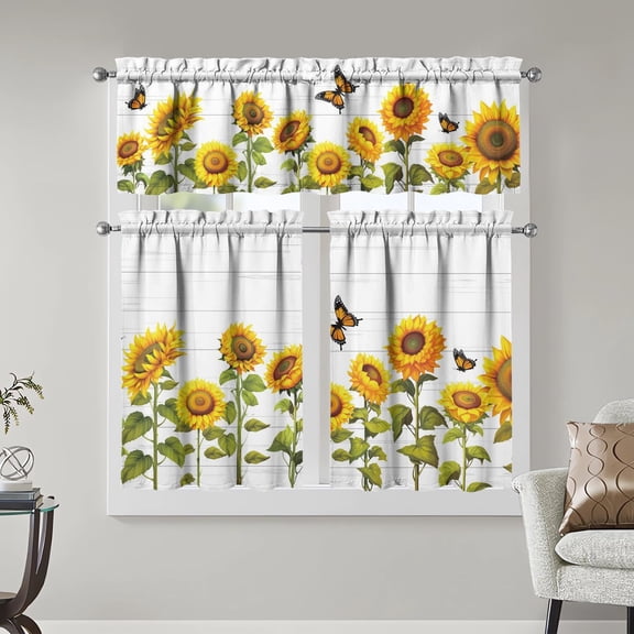 Sunflower Kitchen Curtains 3 Piece Set Tier Valance Window Decor | 3 Piece Kitchen Curtain Set Includes 52x18in Valance and Two 27.5x39in Tier Curtains for Kitchen, Bedroom and Living Room
