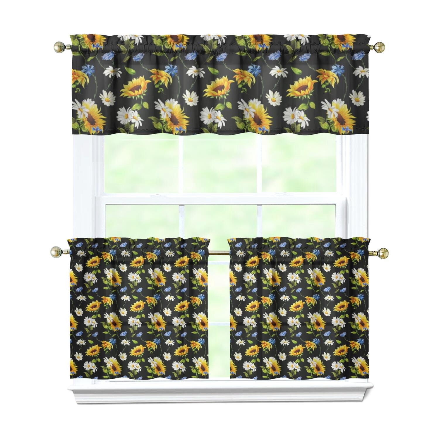 Sunflower Kitchen Curtains 3 Piece Set - Yellow Floral Boho Tier ...