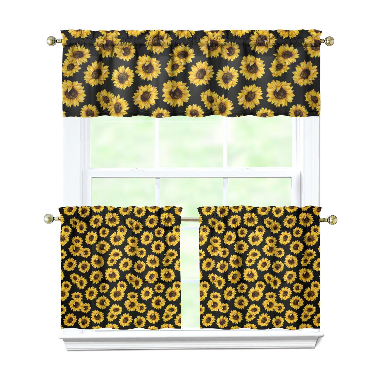 Sunflower Kitchen Curtains 3 Piece Set - Yellow Floral Boho Tier ...