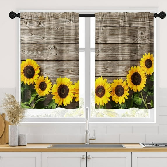 Sunflower Kitchen Curtains 36 Inch Length Farmhouse Window Curtains Over Sink Set of 2, Wooden Board Flower Summer Short Tier Curtain for Kitchen, Vintage Small Kitchen Decor 26x36 Inch