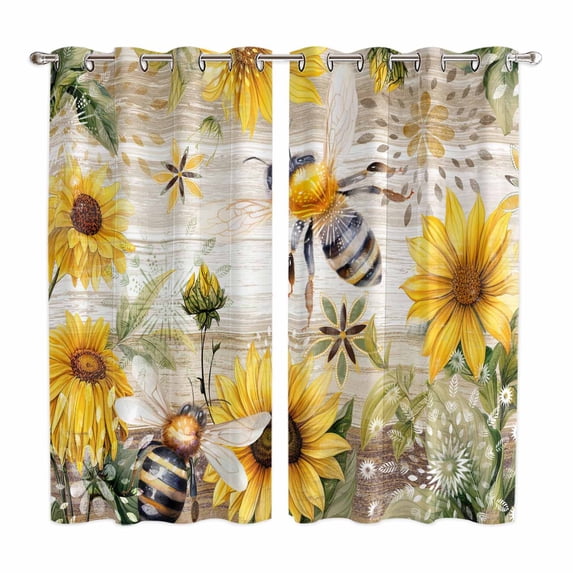 Sunflower Kitchen Curtains 84 Inch Length, Vintage Summer Bee Botanical Farmhouse Grommet Top Bedroom Living Room Curtains, Light Filtering Cafe Curtain Drapes 2 Panels Set 104''x84''
