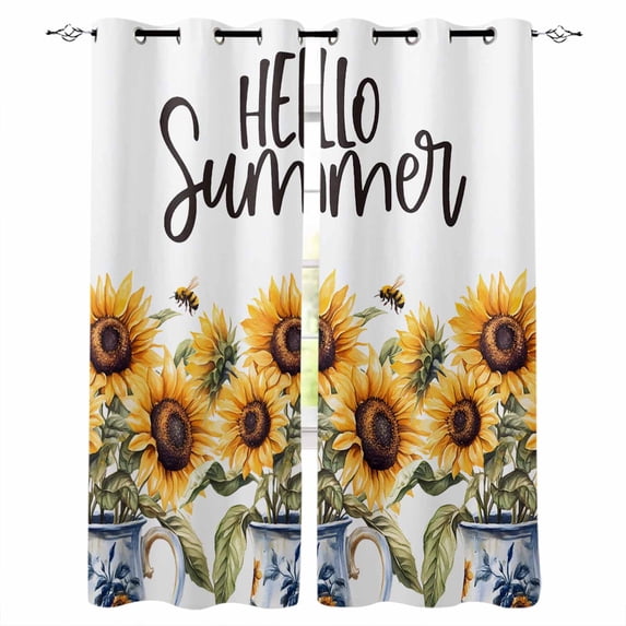 Sunflower Kitchen Curtains Blue Bottle Floral Country Bee Watercolor Cafe Short Curtains for Bathroom Blackout Window Curtain Grommet Small Window Treatment Drapes for Bedroom Living Room 42"x45"x2