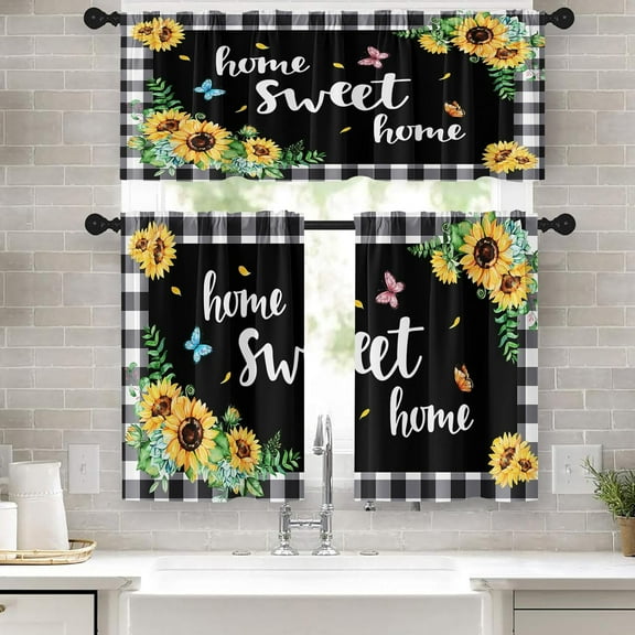 Sunflower Kitchen Curtains Farmhouse Window Curtains Valance and Tier Set 36 Inch, Black White Buffalo Plaid Rod Pocket Short Tier Curtain, Home Sweet Home Small Curtains for Kitchen Decor