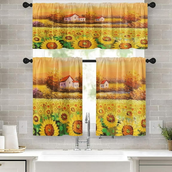 Sunflower Kitchen Curtains Oil Painting Window Curtains Valance and Tier Set 36 Inch, Summer Yellow Rod Pocket Short Tier Curtain for Bedroom Living Room, Abstract Small Cafe Kitchen Decor