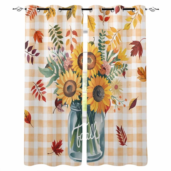 Sunflower Kitchen Curtains Orange Plaid Farmhouse Leaves Watercolor Cafe Short Curtains for Bathroom Blackout Window Curtain Grommet Small Window Treatment Drapes for Bedroom Living Room 42"x45"x2