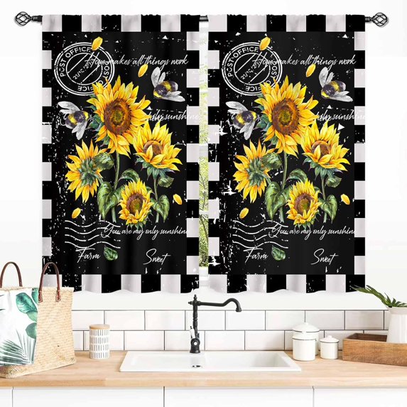 Sunflower Kitchen Curtains, Rusitc Farmhouse Vintage Watercolor White Yellow Floral Flower Bee Retro Country Small Short Living Room Bedroom Cafe Bathroom Window Drapes Treaments 2 Panel, 55x39 Inch