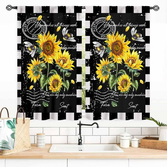 Sunflower Kitchen Curtains, Rusitc Farmhouse Vintage Watercolor White Yellow Floral Flower Bee Retro Country Small Short Living Room Bedroom Cafe Bathroom Window Drapes Treaments 2 Panel, 55x39 Inch