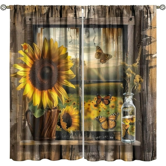 Sunflower Kitchen Curtains Rustic Vintage Yellow Plant Sunflower Butterfly Farmhouse Old Wooden Brown Bedroom Living Room Rod Pocket Decoration Window Drapes 2 Panels W21xL63in