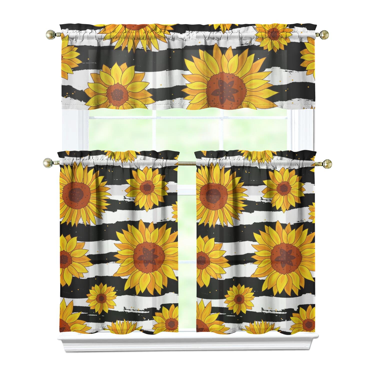 Sunflower Kitchen Curtains Set of 3 - Boho Floral Tier Curtains with ...