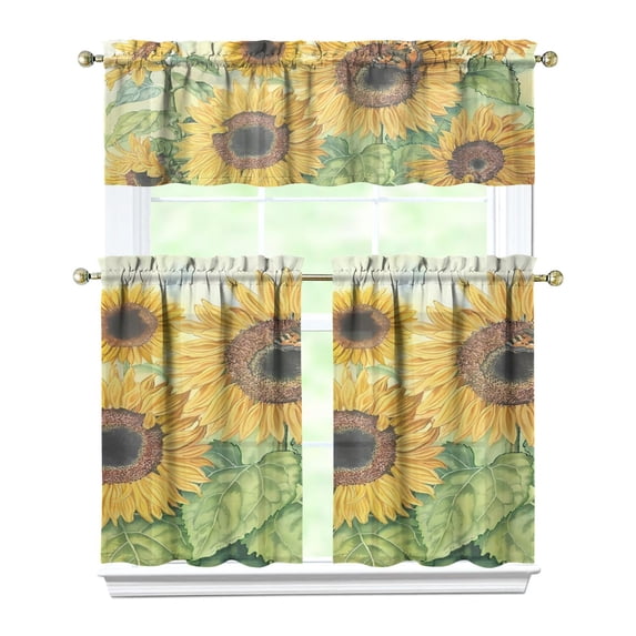 Sunflower Kitchen Curtains Set of 3 - Boho Floral Tier Curtains with Valance, Farmhouse Rustic Window Treatment Panels, Yellow Watercolor Sunflower Print, Rod Pocket Design