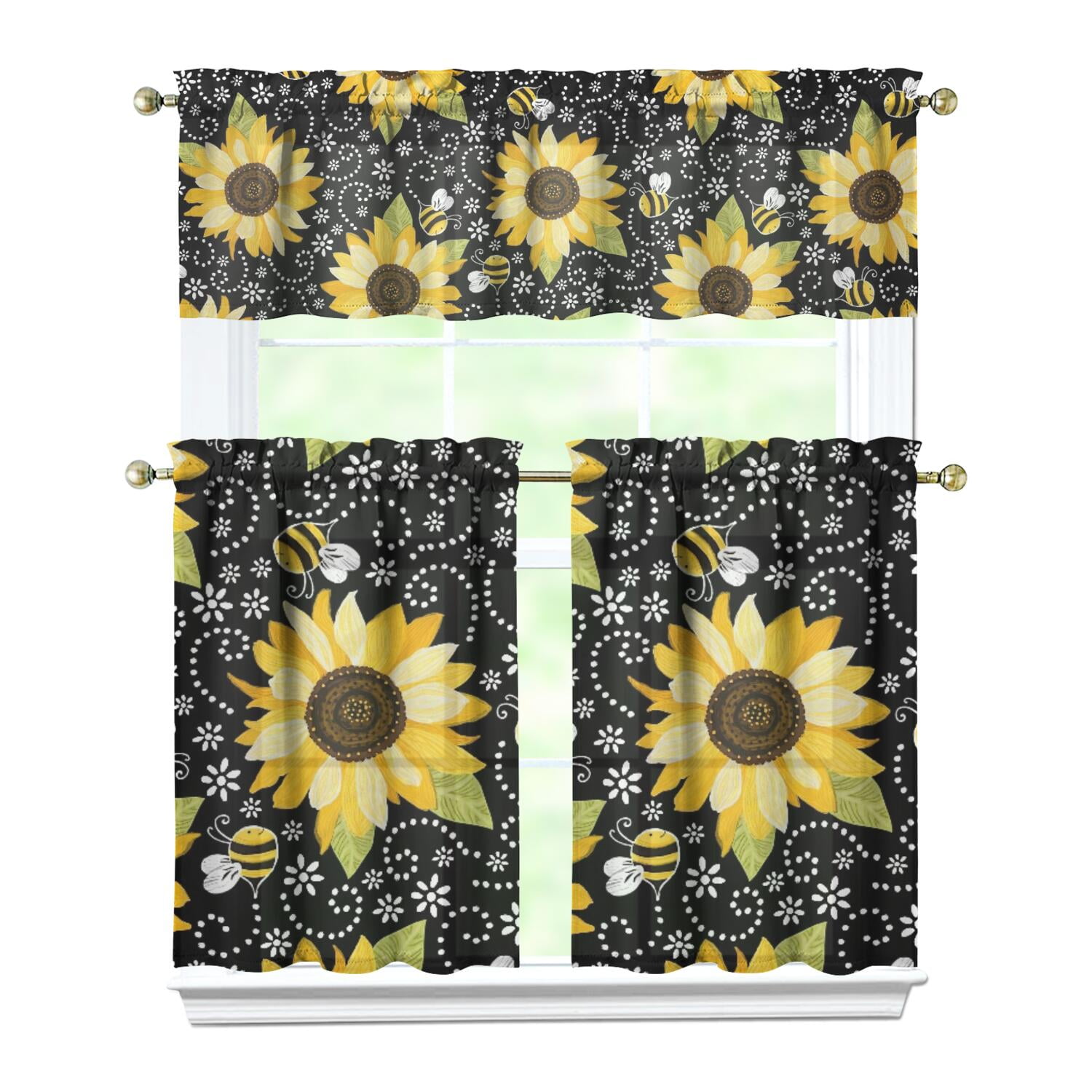 Sunflower Kitchen Curtains Set of 3 - Boho Floral Tier Curtains with ...