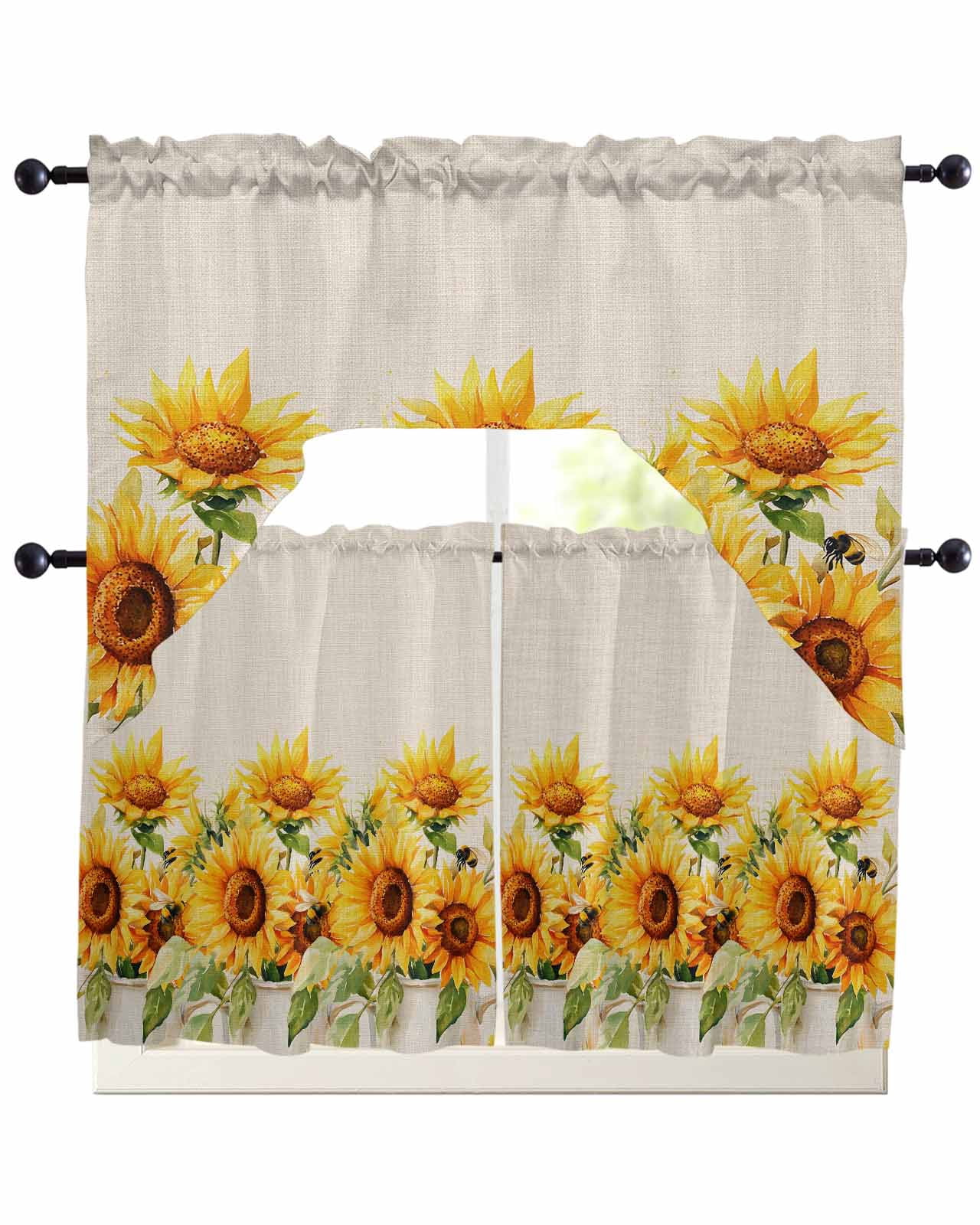 Sunflower Kitchen Curtains Sets 24 Inch Length with Valance, Summer ...
