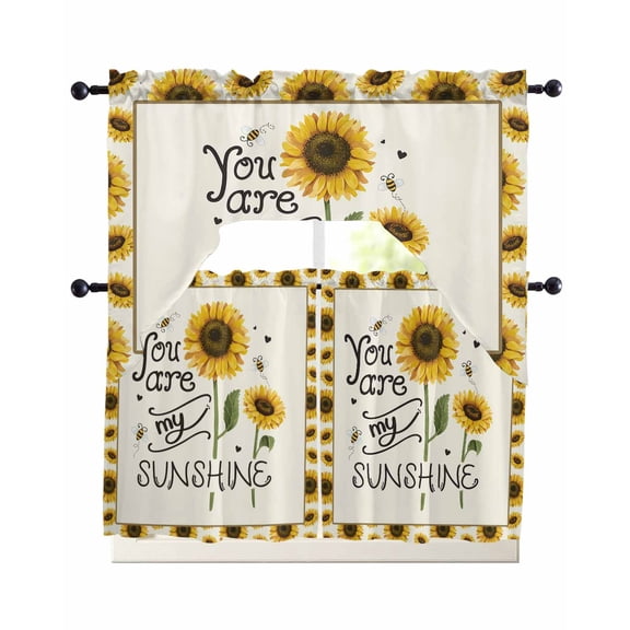 Sunflower Kitchen Curtains Sets 24 Inch Length with Valance, Sunshine Bee Country Farm Floral Bee Swag Valances and Tiers Curtain Set Drapes Swag Curtains for Living Room, Bathroom, Bedroom, Cafe