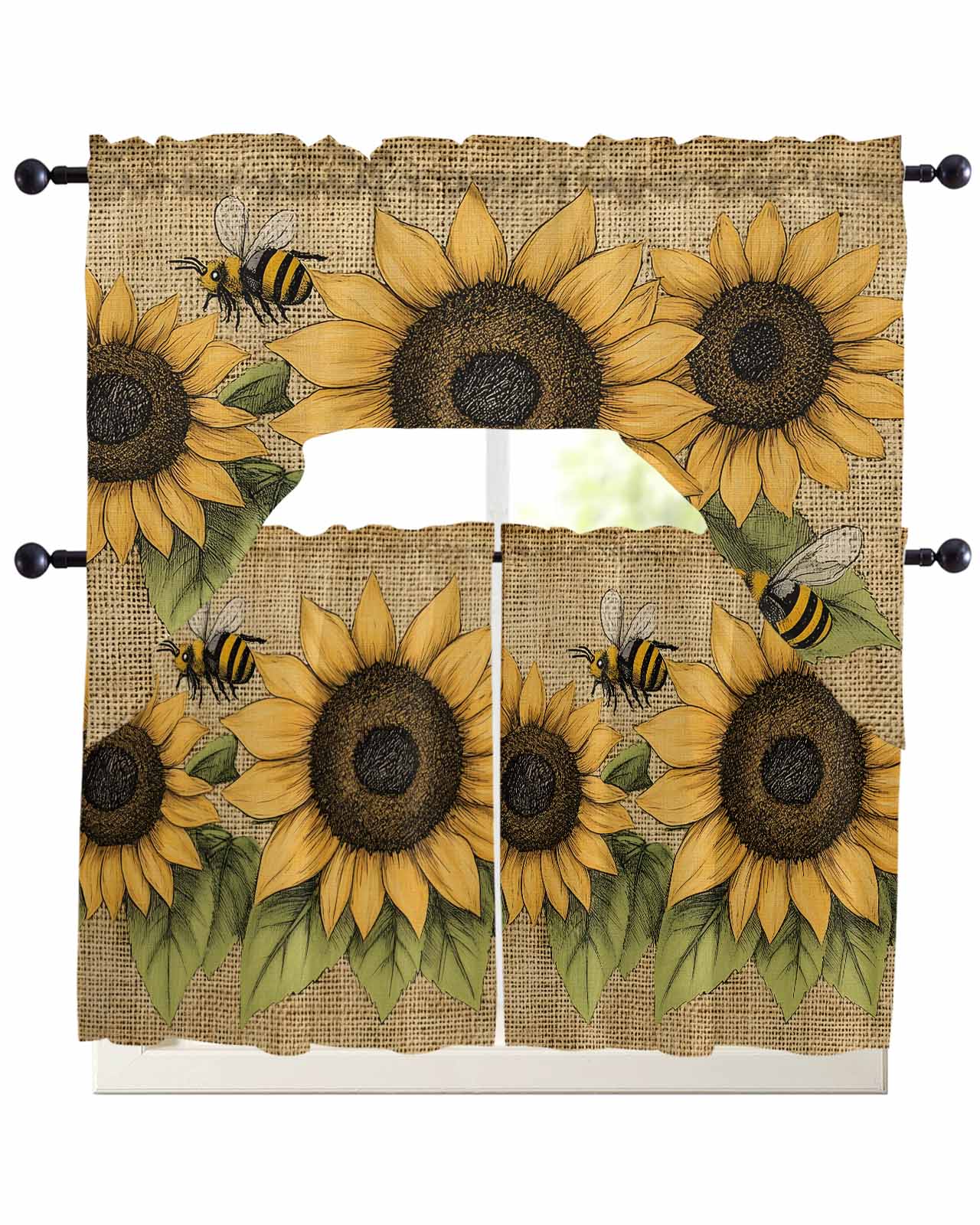 Sunflower Kitchen Curtains Sets 24 Inch Length with Valance, Yellow ...