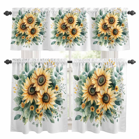 Sunflower Kitchen Curtains Sets for Windows 24 Inch Length, Green Eucalyptus Watercolor Green Yellow Rod Pocket Window Treatments Tier Curtains and Valances Set for Bedroom/Bathroom