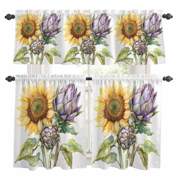 Sunflower Kitchen Curtains Sets for Windows 24 Inch Length, Shabby Chic Budding Florals Garden Plant Rod Pocket Window Treatments Tier Curtains and Valances Set for Bedroom/Bathroom