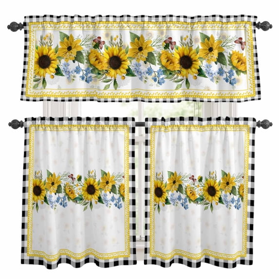 Sunflower Kitchen Curtains Sets for Windows 24 Inch Length, Yellow Flowers Black White Plaid Farmhouse Botanical Rod Pocket Window Treatments Tier Curtains and Valances Set for Bedroom/Bathroom
