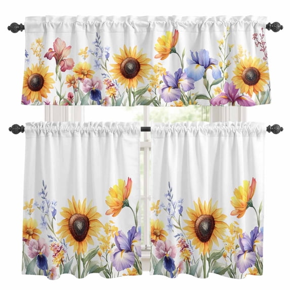 Sunflower Kitchen Curtains Sets for Windows 24 Inch Length, Yellow Purple Summer Botanical Vintage Rod Pocket Window Treatments Tier Curtains and Valances Set for Bedroom/Bathroom
