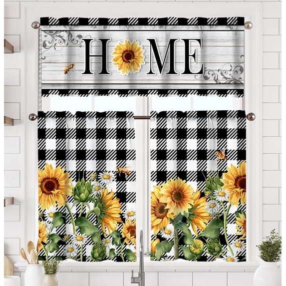 Sunflower Kitchen Curtains Short and Valance Set Black and White Buffalo Plaid Floral Dining Room Fabric Curtain Drapes Spring Summer Flowers Holiday Cafe Curtains Valance for Home Decor