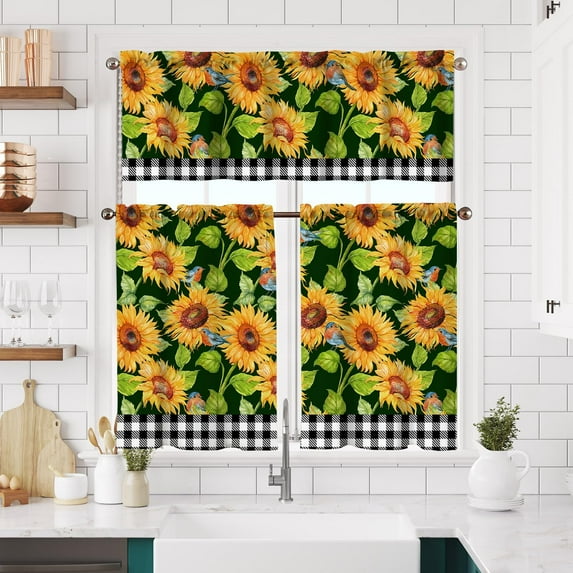 Sunflower Kitchen Curtains Short and Valance Set Floral and Green Leaves Dining Room Fabric Curtain Drapes Retro Buffalo Plaid Cafe Curtains Valance for Home Decor