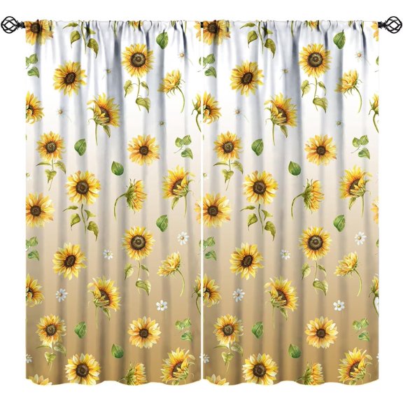 Sunflower Kitchen Curtains, Summer Autumn Farmhouse Vintage Sunflower Daisy Flowers Plants Leaves Print Blackout Window Treatments for Cafe Living Room Bedroom, 84" W X 84" L