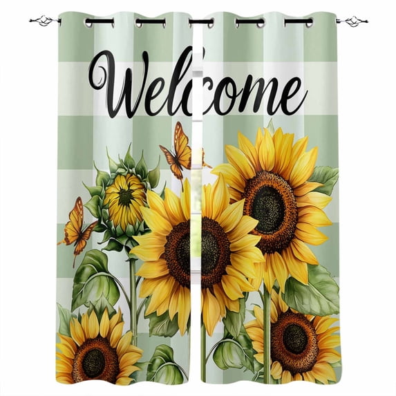 Sunflower Kitchen Curtains Summer Botanical Floral Sage Green Plaid Welcome Cafe Short Curtains for Bathroom Blackout Window Curtain Small Window Treatment Drapes for Bedroom Living Room 27.5"x39"x2