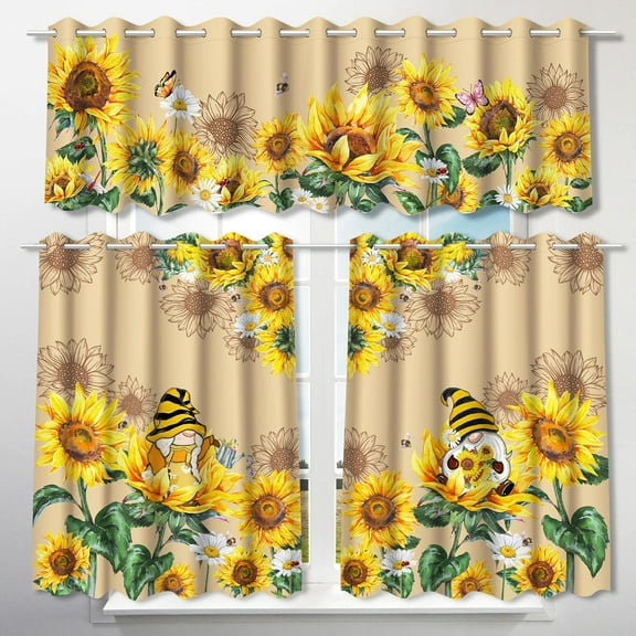 Sunflower Kitchen Curtains, Sunflower Decor Gnomes Valances for Windows, Yellow Curtains and Valances Set Floral Sunflower Decorations for Cafe Living Room, 27''''x24'''' 2 Panel & 54x18 Inch Tier Set