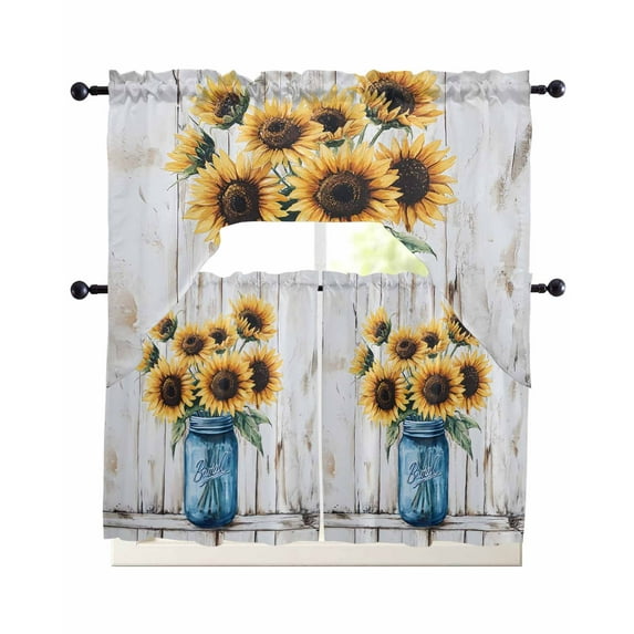 Sunflower Kitchen Curtains Swag Valance and Tier Curtains Set 24 Inch Length, Summer Flower Plant White Wooden Plank Rod Pocket Drape Panels Pair Swag Curtain for Bathroom/Cafe/Window