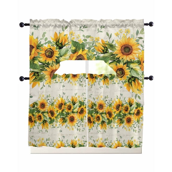 Sunflower Kitchen Curtains Swag Valance and Tier Curtains Set 36 Inch Length, Country Botanical Yellow Green Floral Leaf Rod Pocket Drape Panels Pair Swag Curtain for Bathroom/Cafe/Window
