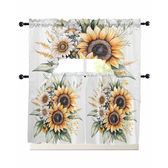 Sunflower Kitchen Curtains Swag Valance and Tier Curtains Set 36 Inch Length, Watercolor Summer Botanical Daisy Rod Pocket Drape Panels Pair Swag Curtain for Bathroom/Cafe/Window